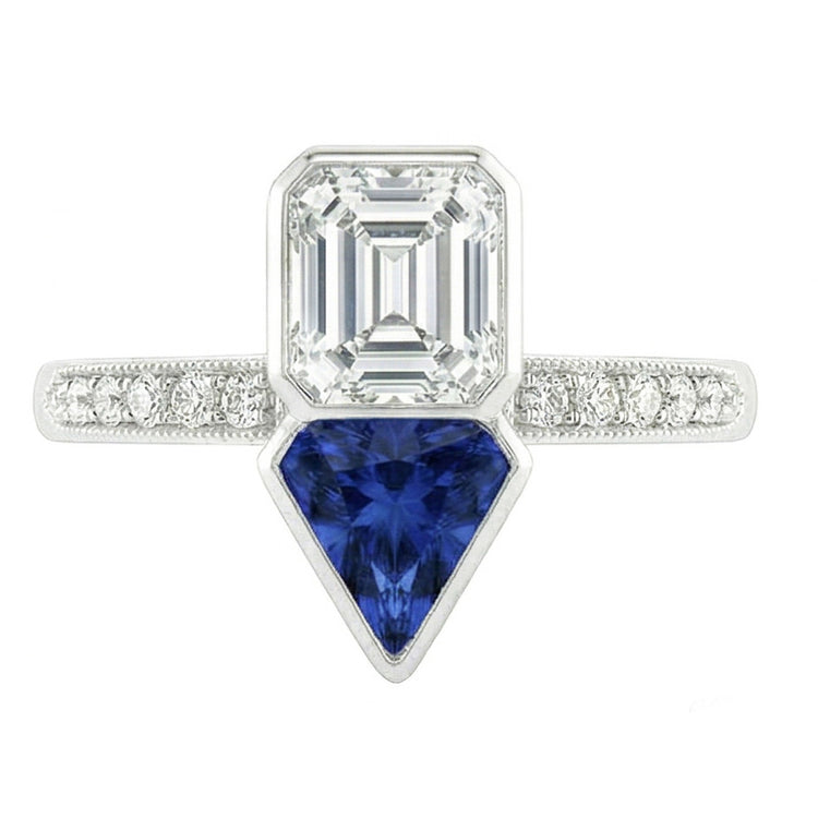 Bague Toi et Moi Asscher Diamant & Saphir de Ceylan 3.50 Carats Millgrain