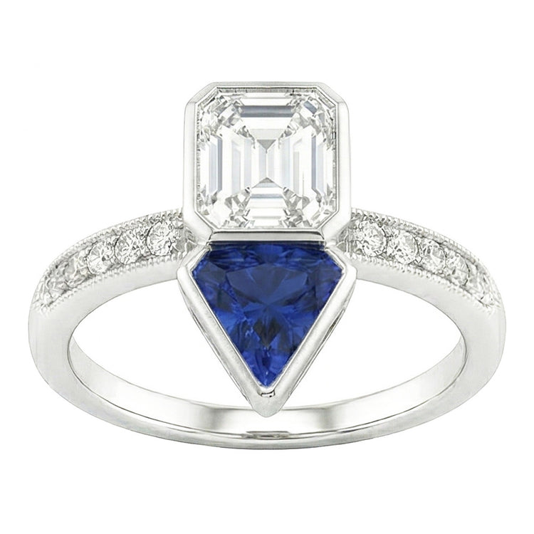 Bague Toi et Moi Asscher Diamant & Saphir de Ceylan 3.50 Carats Millgrain