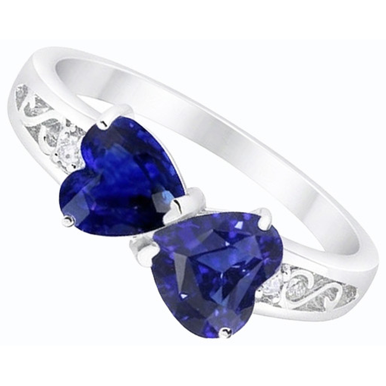 Bague Toi et Moi Coeur Ceylan Saphir Diamant Filigrane 2.25 Carats