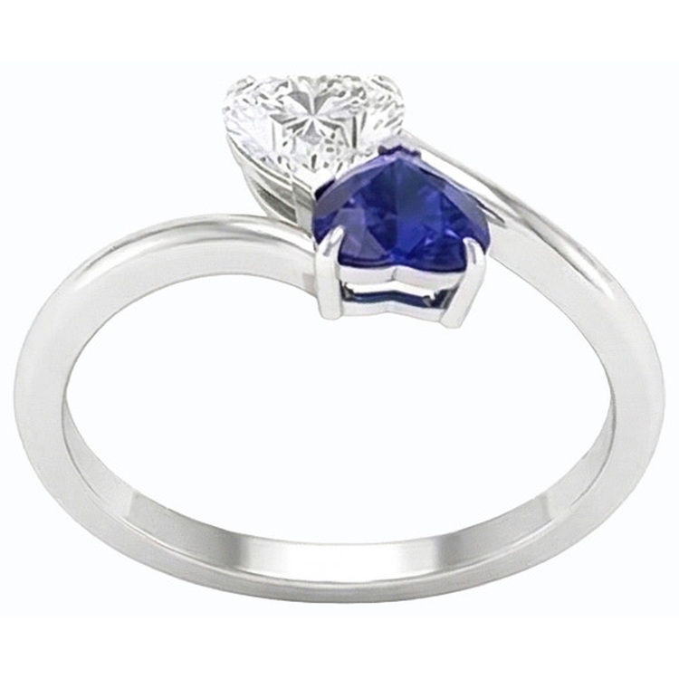 Bague Toi et Moi Coeur Saphir Bleu & Diamant 3 Carats 2 Pierres Bijoux