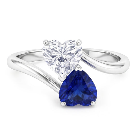 Bague Toi et Moi Coeur Saphir Bleu & Diamant 3 Carats 2 Pierres Bijoux