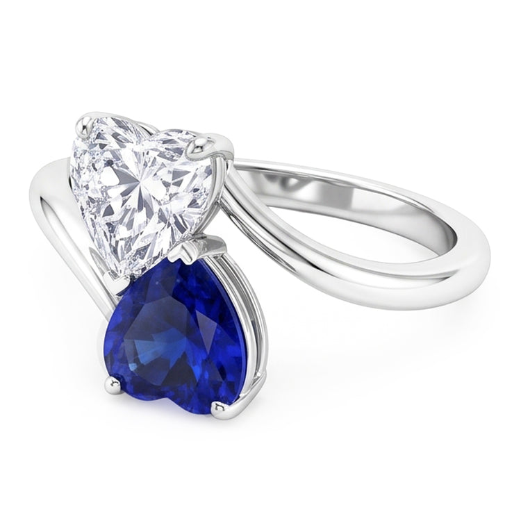 Bague Toi et Moi Coeur Saphir Bleu & Diamant 3 Carats 2 Pierres Bijoux