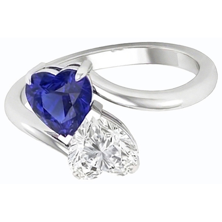 Bague Toi et Moi Coeur Saphir Bleu & Diamant 3 Carats 2 Pierres Bijoux