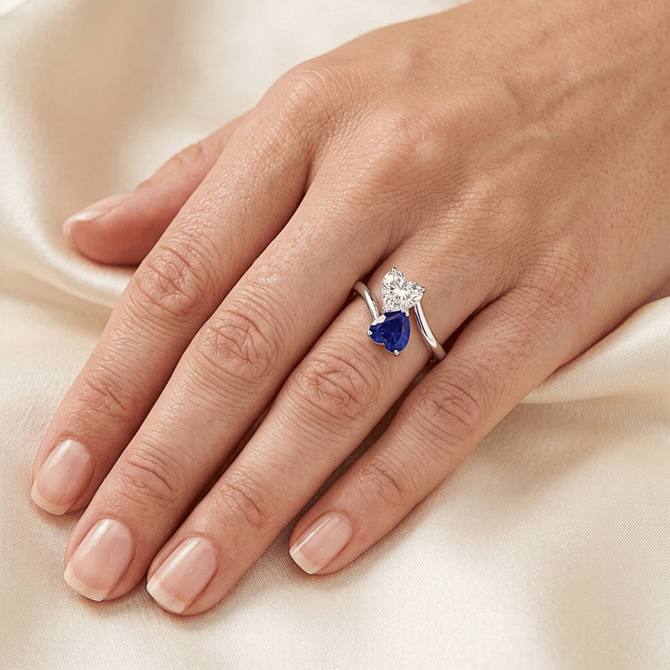 Bague Toi et Moi Coeur Saphir Bleu & Diamant 3 Carats 2 Pierres Bijoux