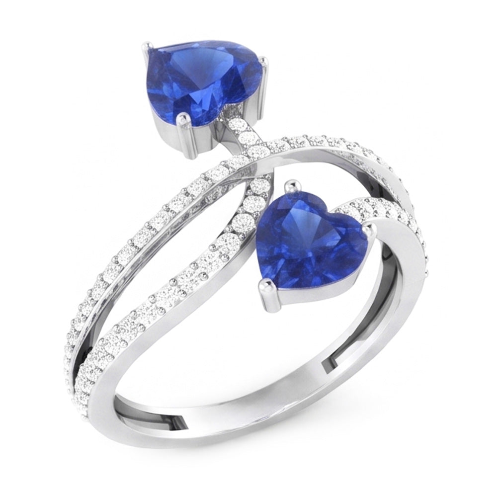 Bague Toi et Moi Diamant Coeur Bleu Saphir Tige Torsadée 3.50 Carats