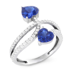 Bague Toi et Moi Diamant Coeur Bleu Saphir Tige Torsadée 3.50 Carats