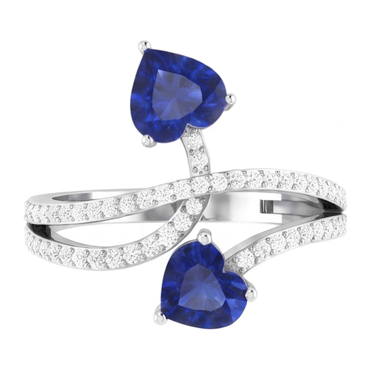 Bague Toi et Moi Diamant Coeur Bleu Saphir Tige Torsadée 3.50 Carats