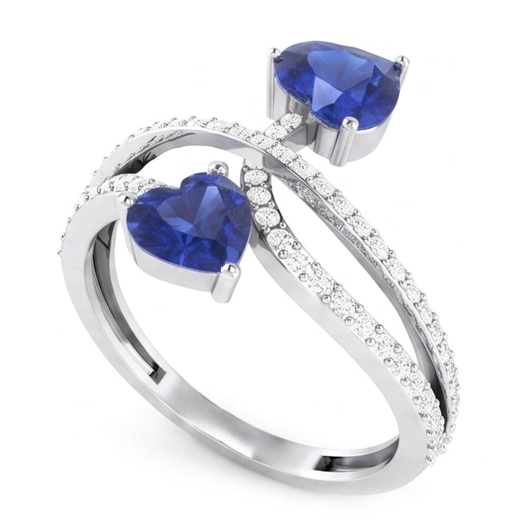 Bague Toi et Moi Diamant Coeur Bleu Saphir Tige Torsadée 3.50 Carats