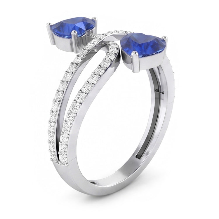 Bague Toi et Moi Diamant Coeur Bleu Saphir Tige Torsadée 3.50 Carats