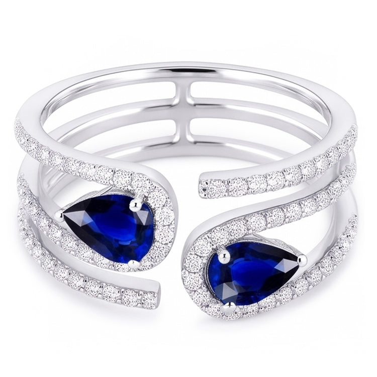 Bague Toi et Moi Or Femme Diamant Saphir Bleu Poire 3.50 Carats