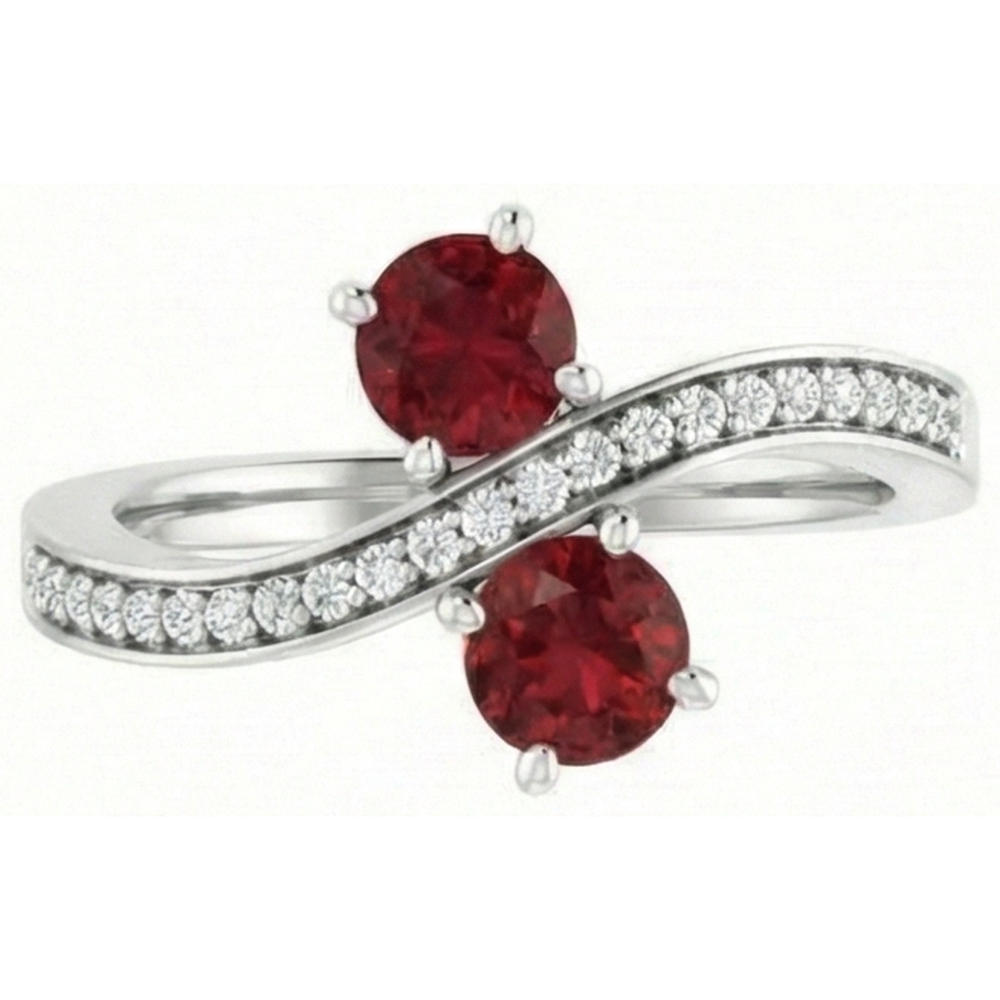 Bague Toi et Moi Rubis Rond & Diamant Naturels Extraits des Mines ( et non cultivés en laboratoire ) 2.60 Carats Or Blanc 14K
