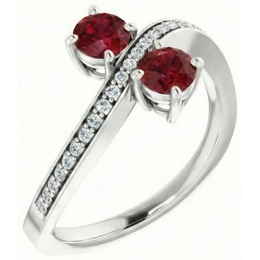 Bague Toi et Moi Rubis Rond & Diamant Naturels Extraits des Mines ( et non cultivés en laboratoire ) 2.60 Carats Or Blanc 14K