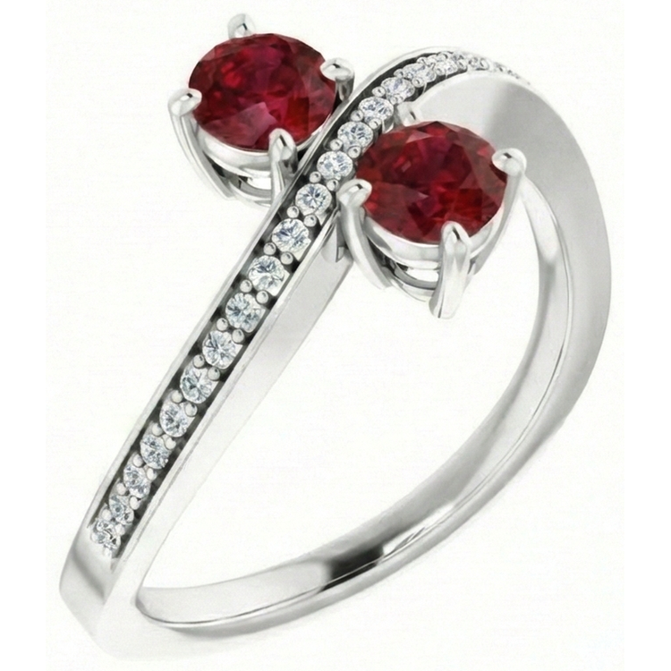 Bague Toi et Moi Rubis Rond & Diamant Naturels Extraits des Mines ( et non cultivés en laboratoire ) 2.60 Carats Or Blanc 14K