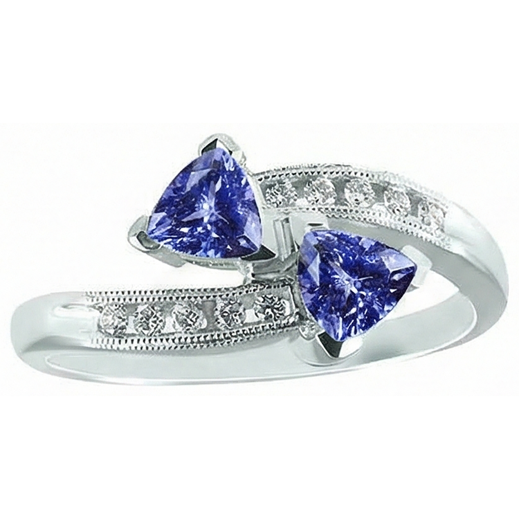 Bague Toi et Moi Trillion Tanzanite Et Diamants Naturels Extraits des Mines ( et non cultivés en laboratoire ) Ronds Or 2.50 Carats