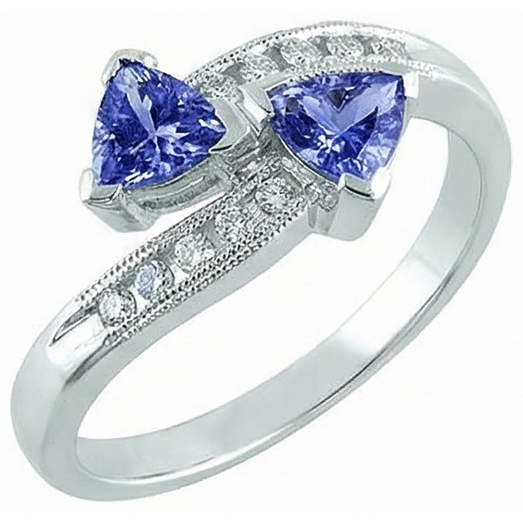 Bague Toi et Moi Trillion Tanzanite Et Diamants Naturels Extraits des Mines ( et non cultivés en laboratoire ) Ronds Or 2.50 Carats
