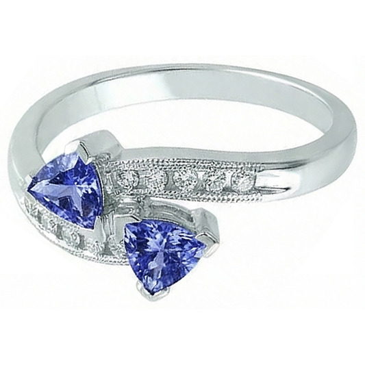 Bague Toi et Moi Trillion Tanzanite Et Diamants Naturels Extraits des Mines ( et non cultivés en laboratoire ) Ronds Or 2.50 Carats