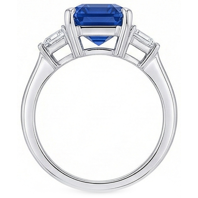 Bague Trapèze Diamant 3 Pierres 3.50 Carats Emeraude Srilankan Saphir