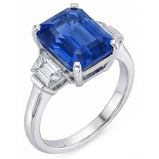 Bague Trapèze Diamant 3 Pierres 3.50 Carats Emeraude Srilankan Saphir