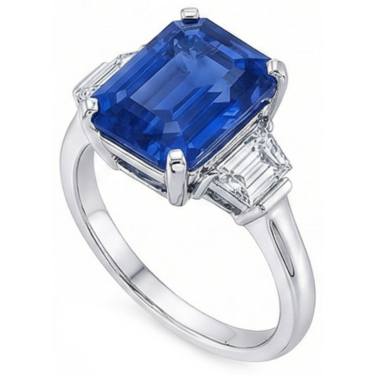 Bague Trapèze Diamant 3 Pierres 3.50 Carats Emeraude Srilankan Saphir
