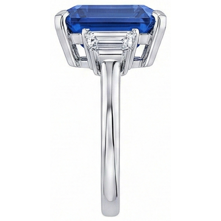 Bague Trapèze Diamant 3 Pierres 3.50 Carats Emeraude Srilankan Saphir