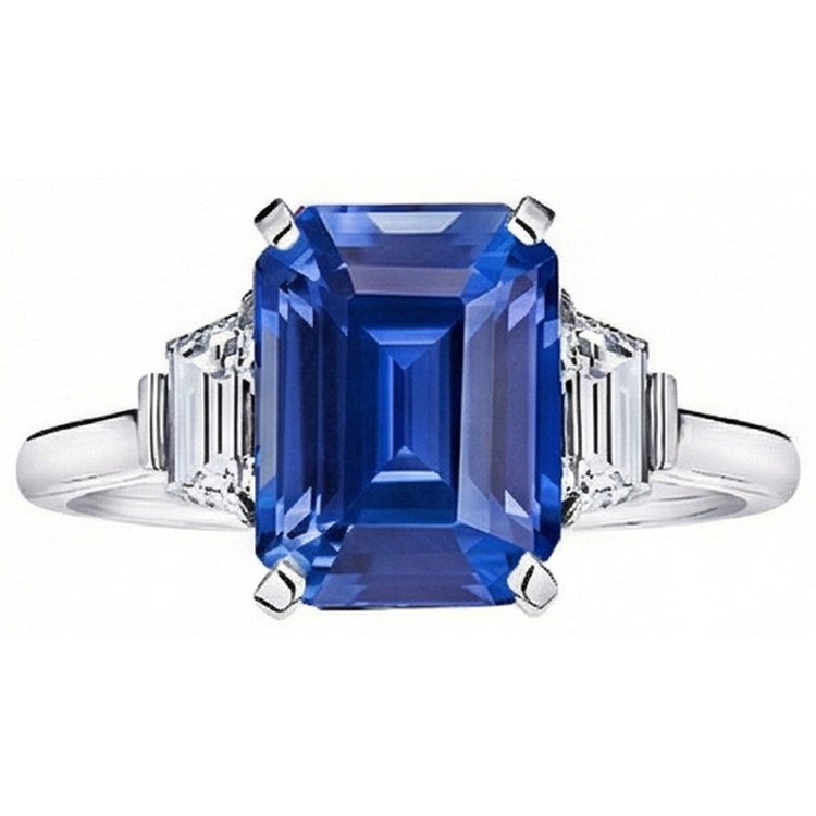Bague Trapèze Diamant 3 Pierres 3.50 Carats Emeraude Srilankan Saphir