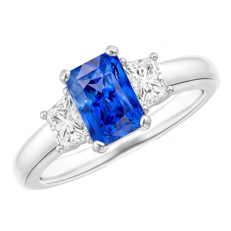 Bague Trapèze Diamant Bleu Saphir Radiant Cut 3 Carats Trois Pierres
