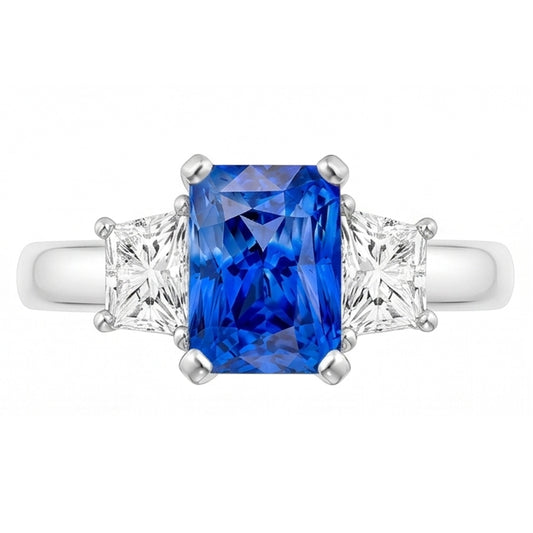 Bague Trapèze Diamant Bleu Saphir Radiant Cut 3 Carats Trois Pierres