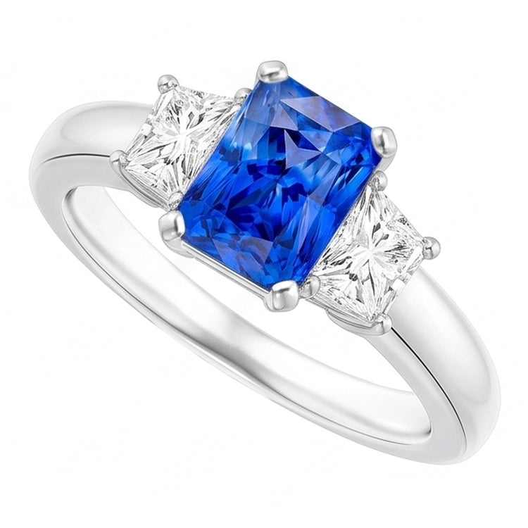 Bague Trapèze Diamant Bleu Saphir Radiant Cut 3 Carats Trois Pierres