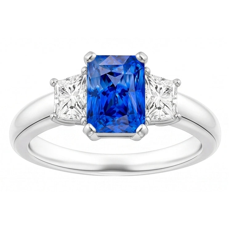 Bague Trapèze Diamant Bleu Saphir Radiant Cut 3 Carats Trois Pierres