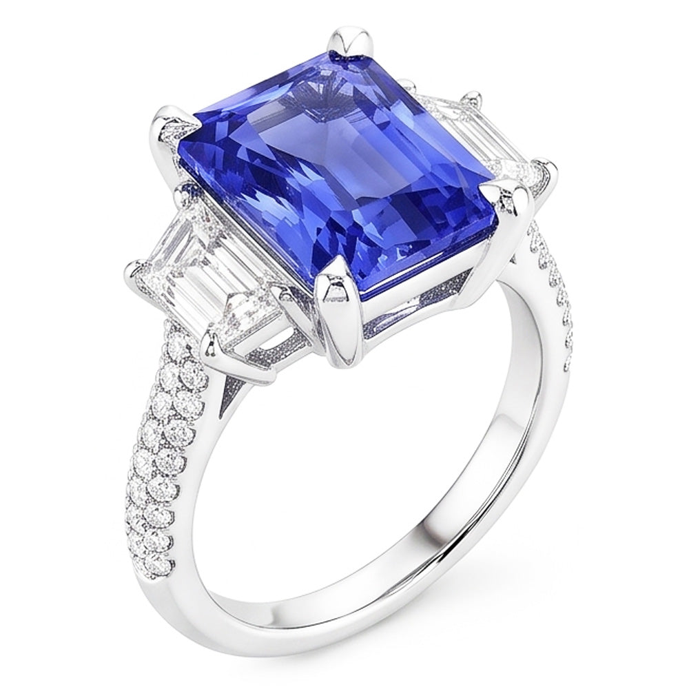 Bague Trapèze Diamant Saphir Avec Accents Or Pavé 4.50 Carats