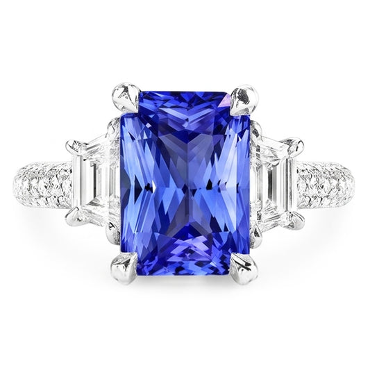 Bague Trapèze Diamant Saphir Avec Accents Or Pavé 4.50 Carats
