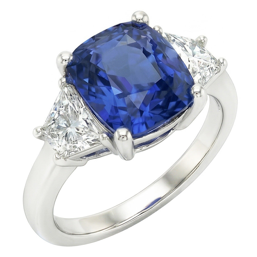 Bague Trapèze Diamant & Coussin Bleu Saphir 3 Pierres 2.50 Carats
