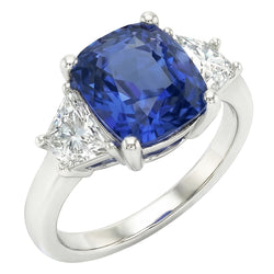 Bague Trapèze Diamant & Coussin Bleu Saphir 3 Pierres 2.50 Carats