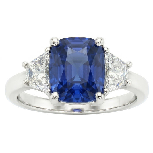 Bague Trapèze Diamant & Coussin Bleu Saphir 3 Pierres 2.50 Carats