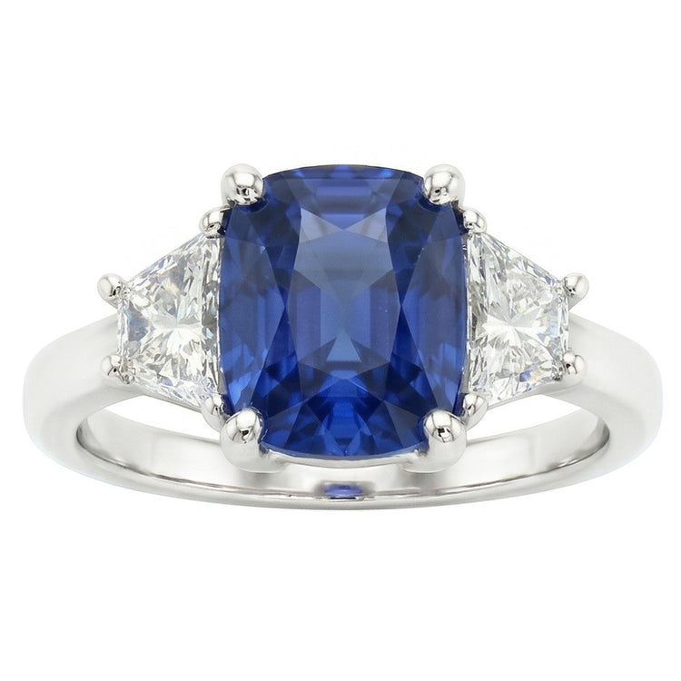 Bague Trapèze Diamant & Coussin Bleu Saphir 3 Pierres 2.50 Carats