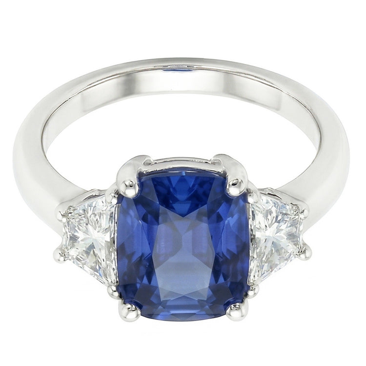 Bague Trapèze Diamant & Coussin Bleu Saphir 3 Pierres 2.50 Carats