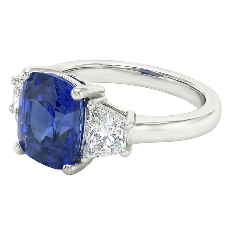 Bague Trapèze Diamant & Coussin Bleu Saphir 3 Pierres 2.50 Carats