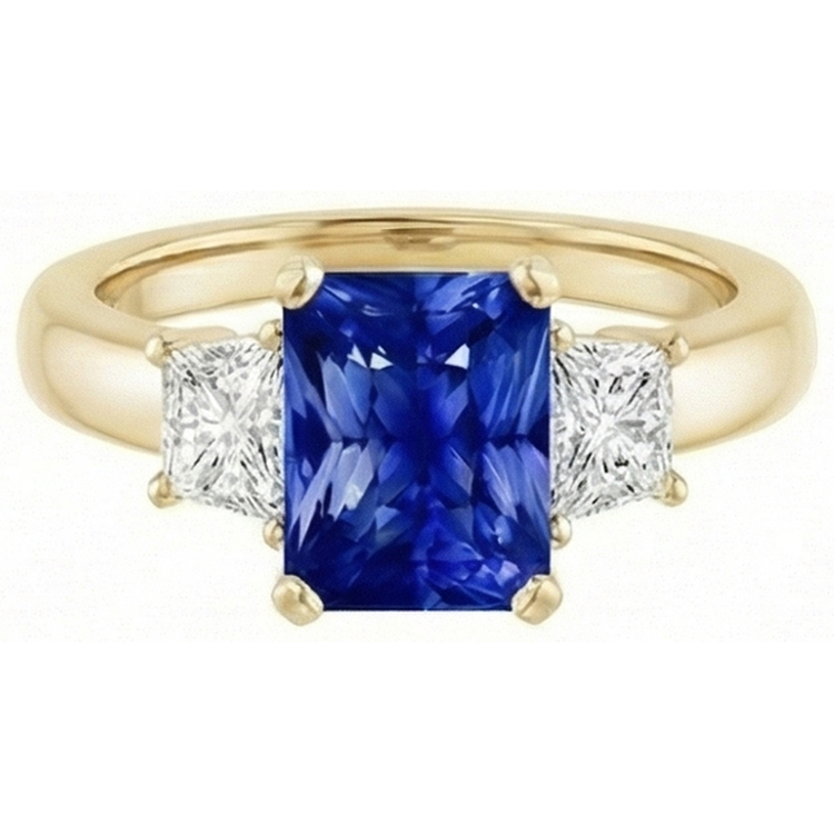 Bague Trapèze & Saphir Radiant 3 Pierres Diamant Or Jaune 3 Carats