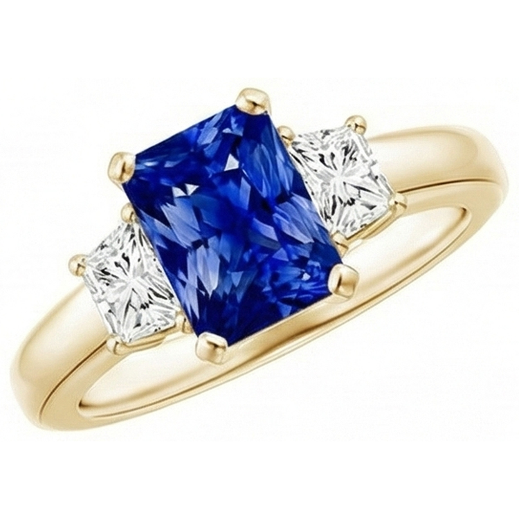Bague Trapèze & Saphir Radiant 3 Pierres Diamant Or Jaune 3 Carats