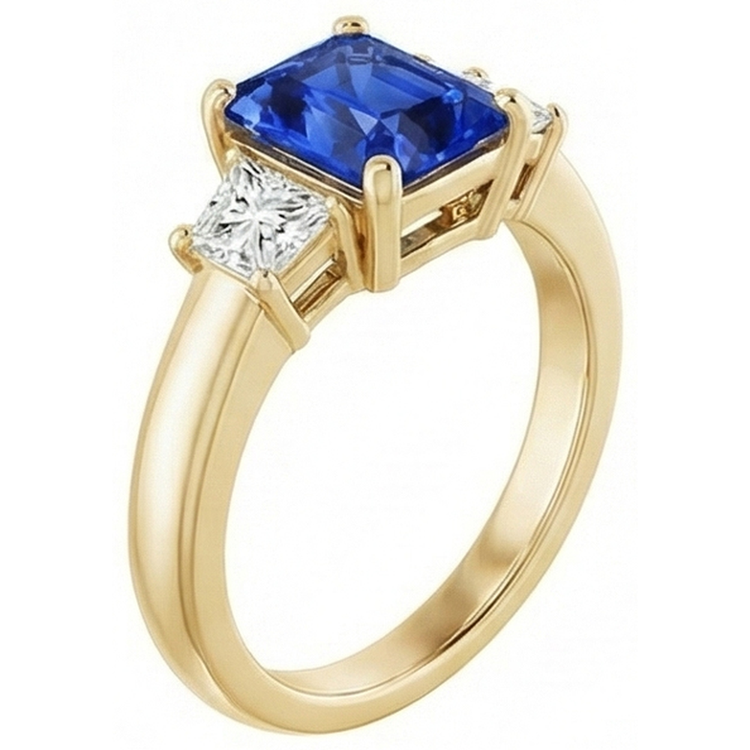 Bague Trapèze & Saphir Radiant 3 Pierres Diamant Or Jaune 3 Carats