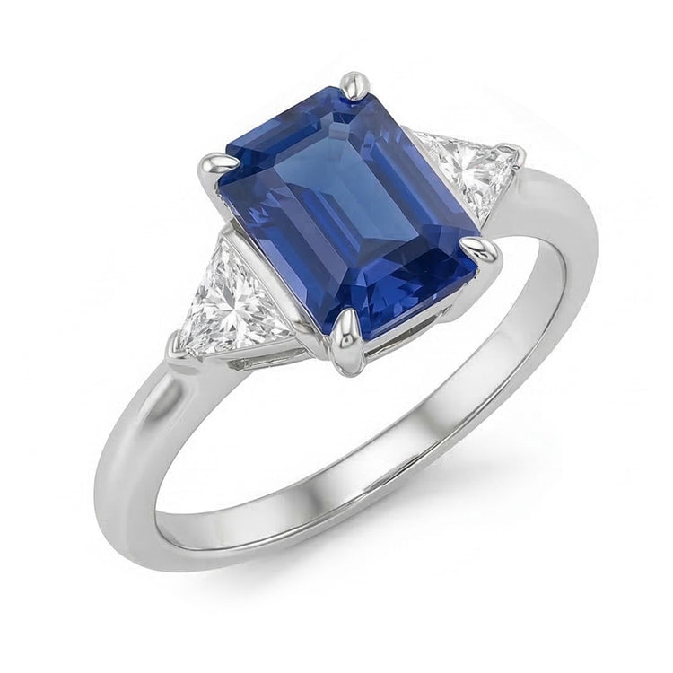 Bague Trillion Diamant Trois Pierres Emeraude Ceylan Saphir 2.50 Carats
