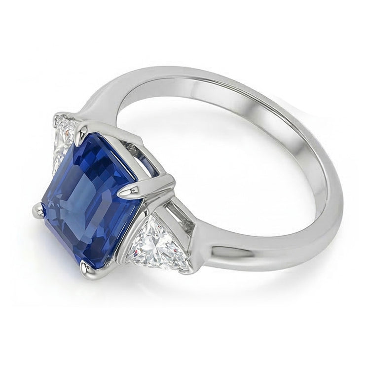 Bague Trillion Diamant Trois Pierres Emeraude Ceylan Saphir 2.50 Carats