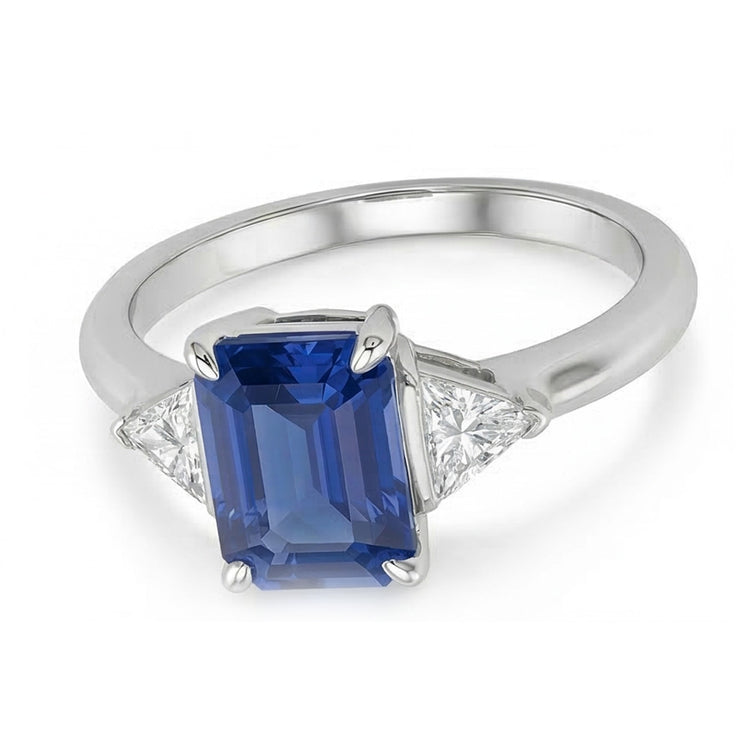 Bague Trillion Diamant Trois Pierres Emeraude Ceylan Saphir 2.50 Carats