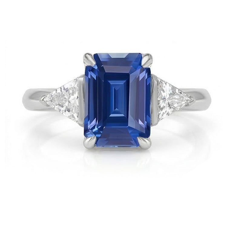 Bague Trillion Diamant Trois Pierres Emeraude Ceylan Saphir 2.50 Carats