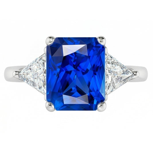 Bague Trillion Diamant & Saphir Bleu Profond Tige Conique 2.50 Carats