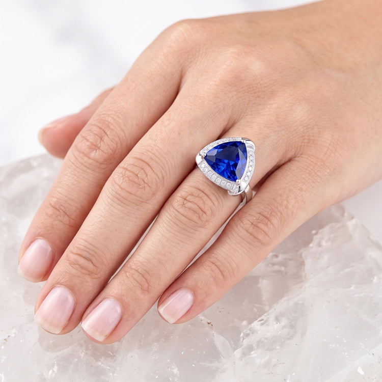 Bague Trillion Halo Ceylan Saphir Bijoux Or Blanc 3 carats