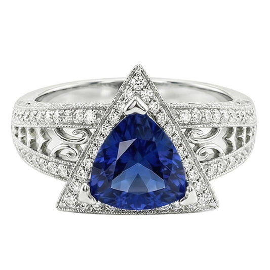 Bague Trillion Pierres Précieuses Style Antique Saphir Ceylan 1.50 Carats Or