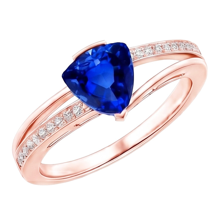 Bague Trillion de pierres précieuses saphir 2 carats tige fendue diamant or rose