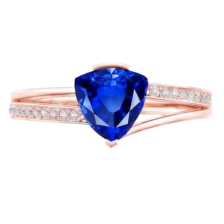 Bague Trillion de pierres précieuses saphir 2 carats tige fendue diamant or rose