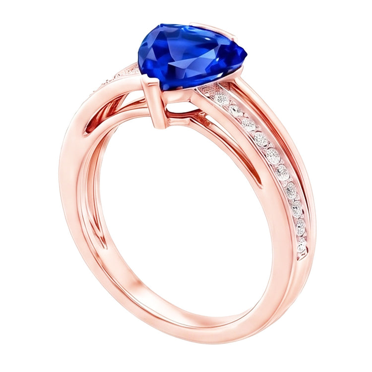 Bague Trillion de pierres précieuses saphir 2 carats tige fendue diamant or rose